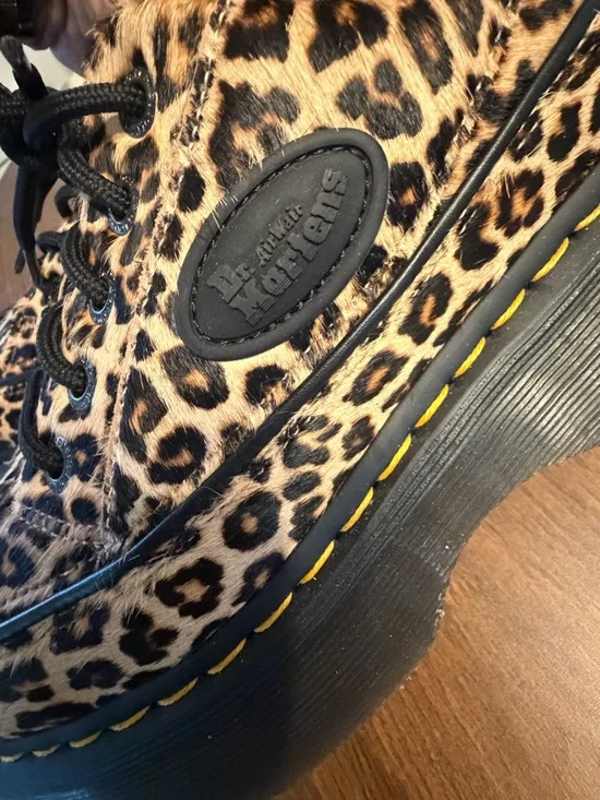 Dr. Martens fuzzy Leopard Print Platform Derby Shoes in Tan/Black - Picture 7 of 7